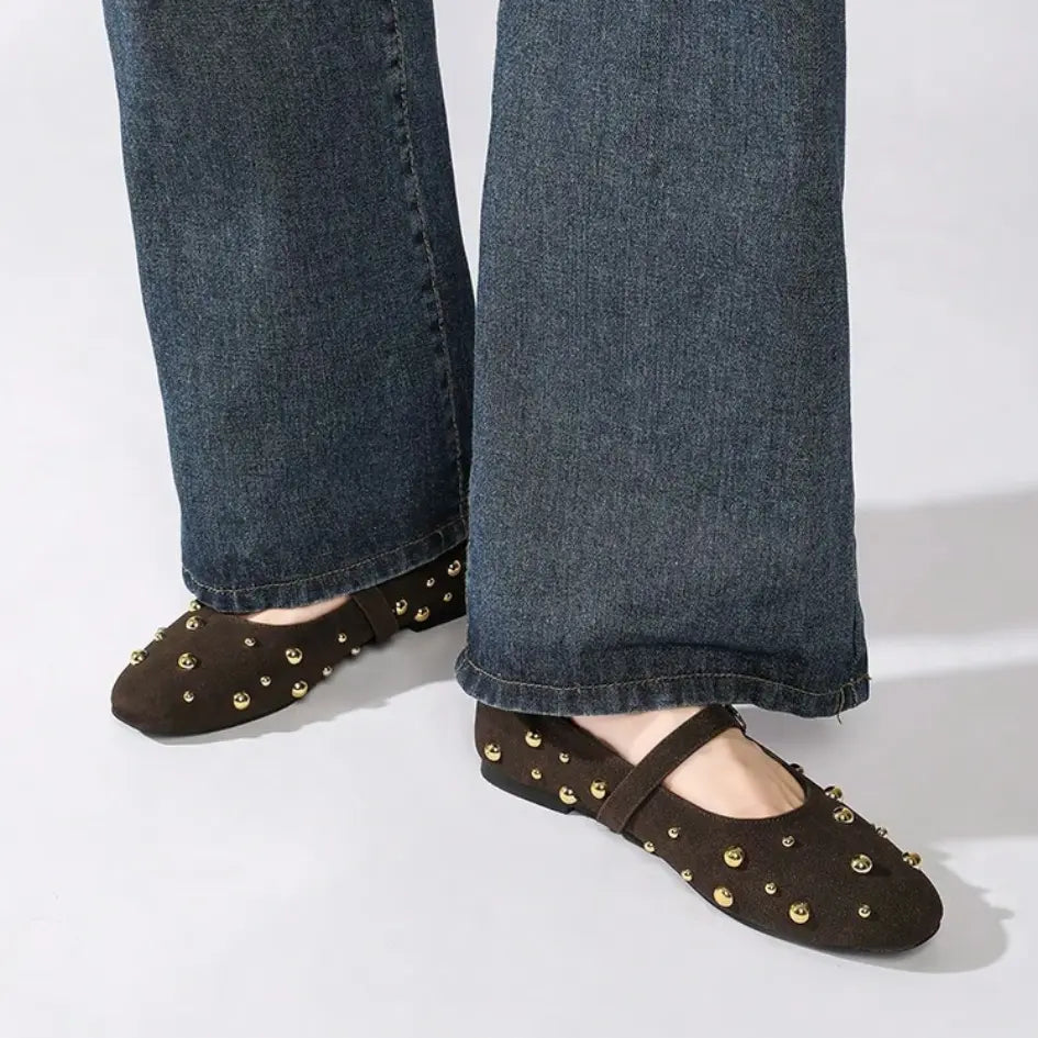 Lola Mary Jane Flats – Suede Studded Ballerina Shoes for Women