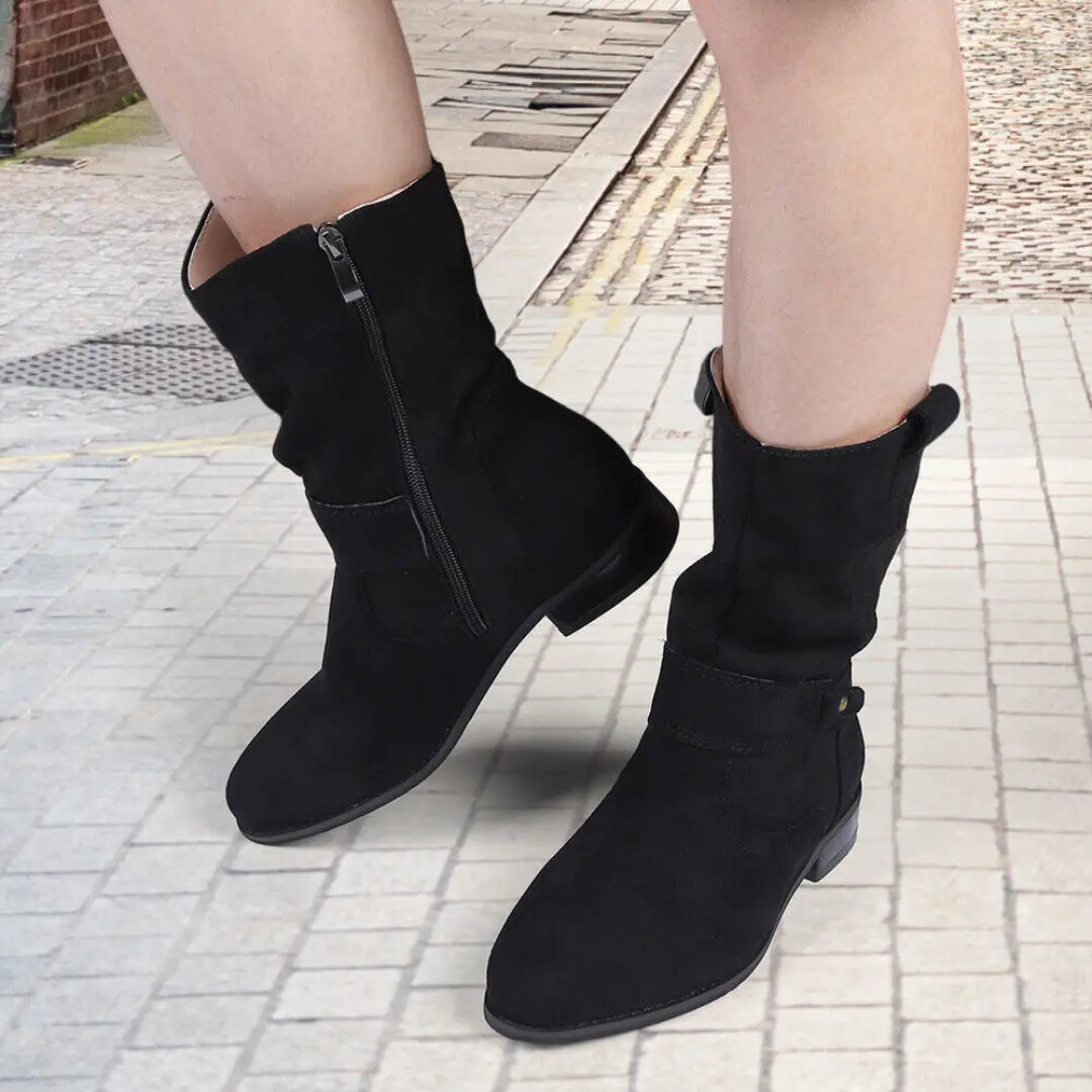 Isabelle Suede Ankle Boots with Zipper – Women’s Low Heel Casual