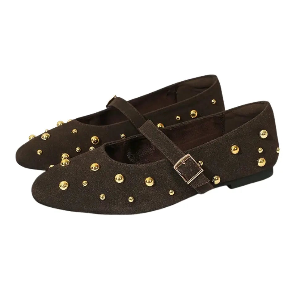 Lola Mary Jane Flats – Suede Studded Ballerina Shoes for Women