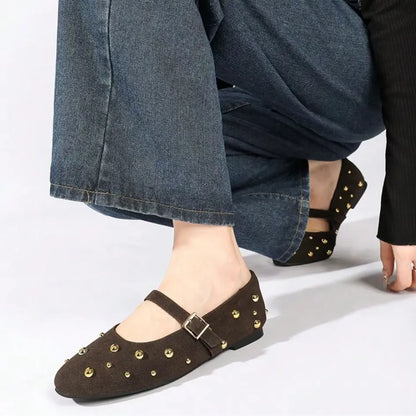 Lola Mary Jane Flats – Suede Studded Ballerina Shoes for Women