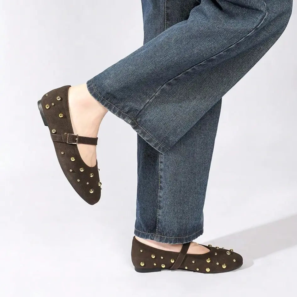 Lola Mary Jane Flats – Suede Studded Ballerina Shoes for Women